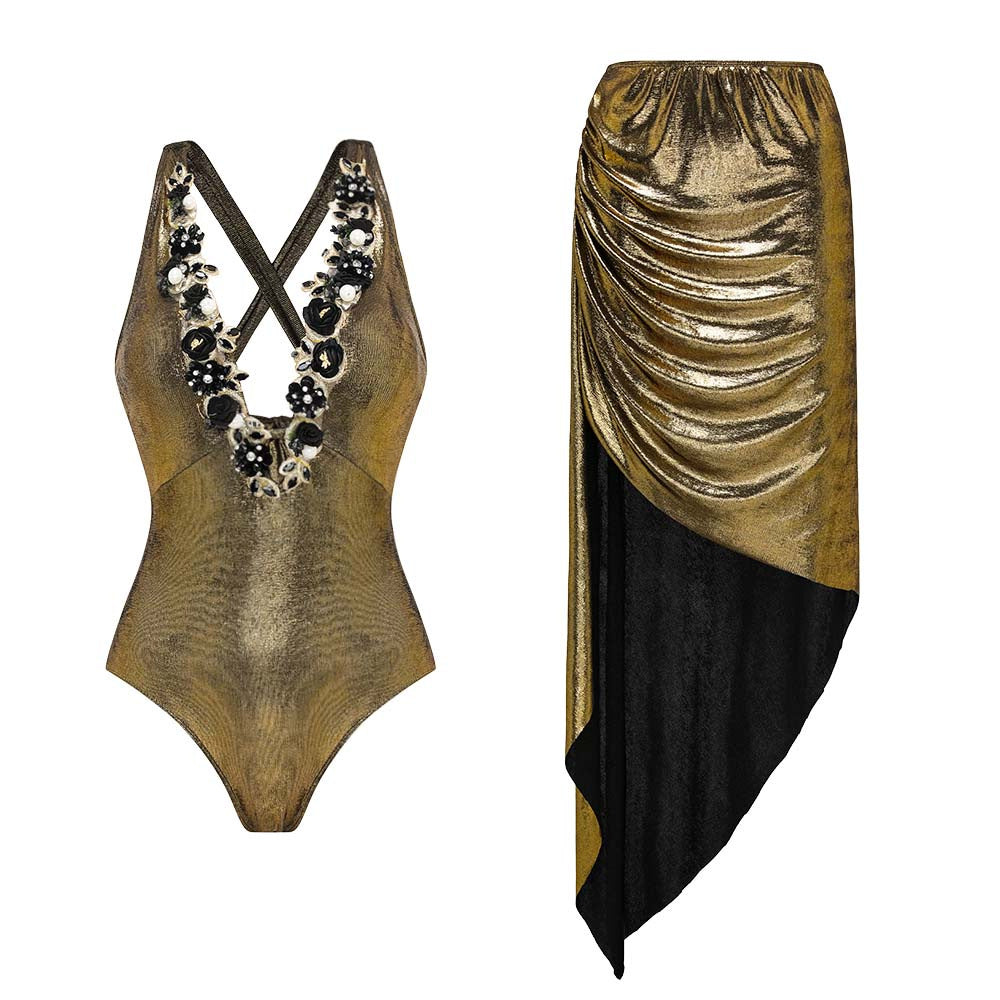 Damen Luxuriöser Schwimmanzug mit schulterfreien Rüschenträgern und passendem Maxirock Drune