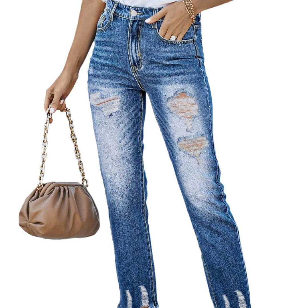 Damen High-Waist Straight-Jeans mit Destroyed-Details und ausgefranstem Saum Drune
