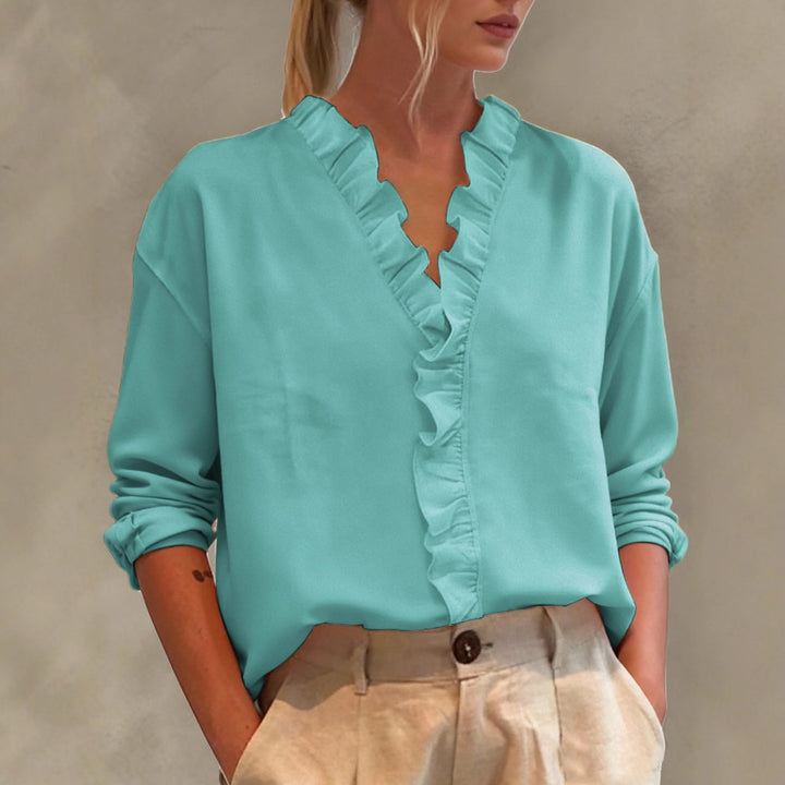 Damen Elegante V-Ausschnitt Bluse mit Volantbesatz und lockerem Oversize-Schnitt Drune