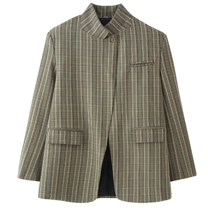 Damen 100+ Cropped Karoblazer mit Stehkragen, verdeckter Knopfleiste und Pattentaschen Drune