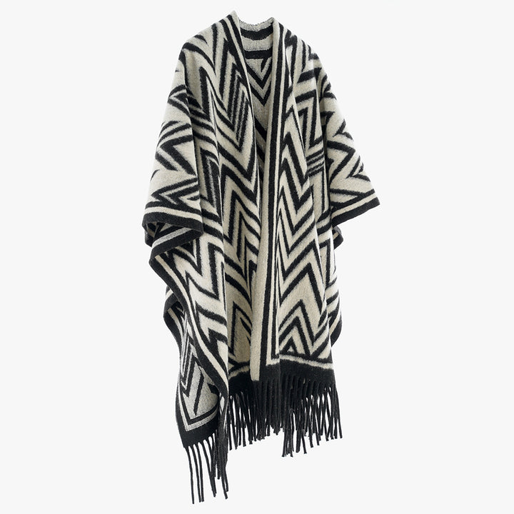 Damen Großer Fransenponcho im Oversize‑Cape mit geometrischem Zickzack‑Jacquard Drune