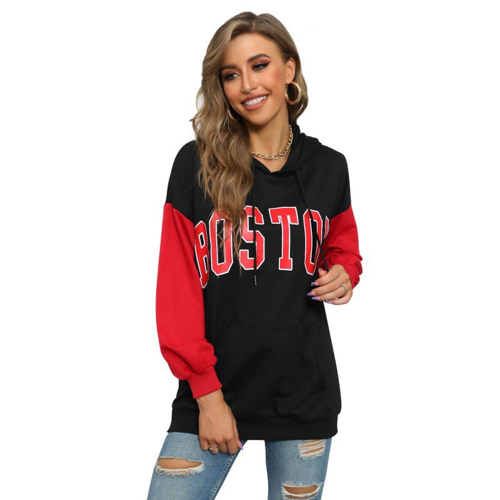 Damen Oversize Kapuzenpullover mit Blockingärmeln und Boston-Frontprint Drune