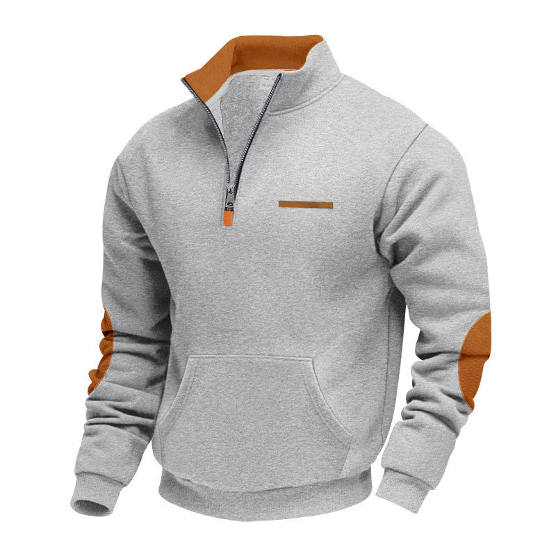 Herren nan Halbzip-Sweatpullover mit Stehkragen, Kängurutasche und Ellenbogenbesatz Drune
