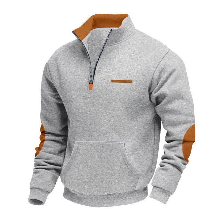 Herren nan Halbzip-Sweatpullover mit Stehkragen, Kängurutasche und Ellenbogenbesatz Drune