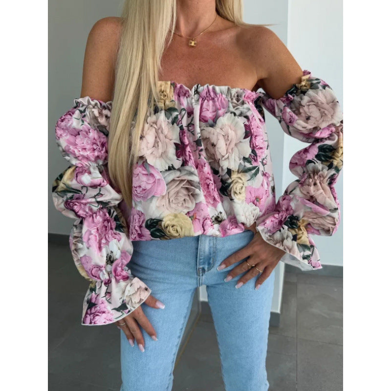 Damen Off-Shoulder Rüsch Blumen Bluse Drune