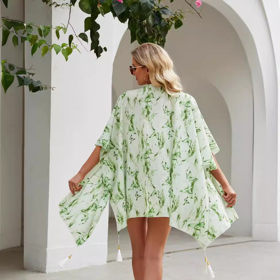 Damen eleganter Kimono mit kunstvollem floralem Muster und fransigen Kanten Drune
