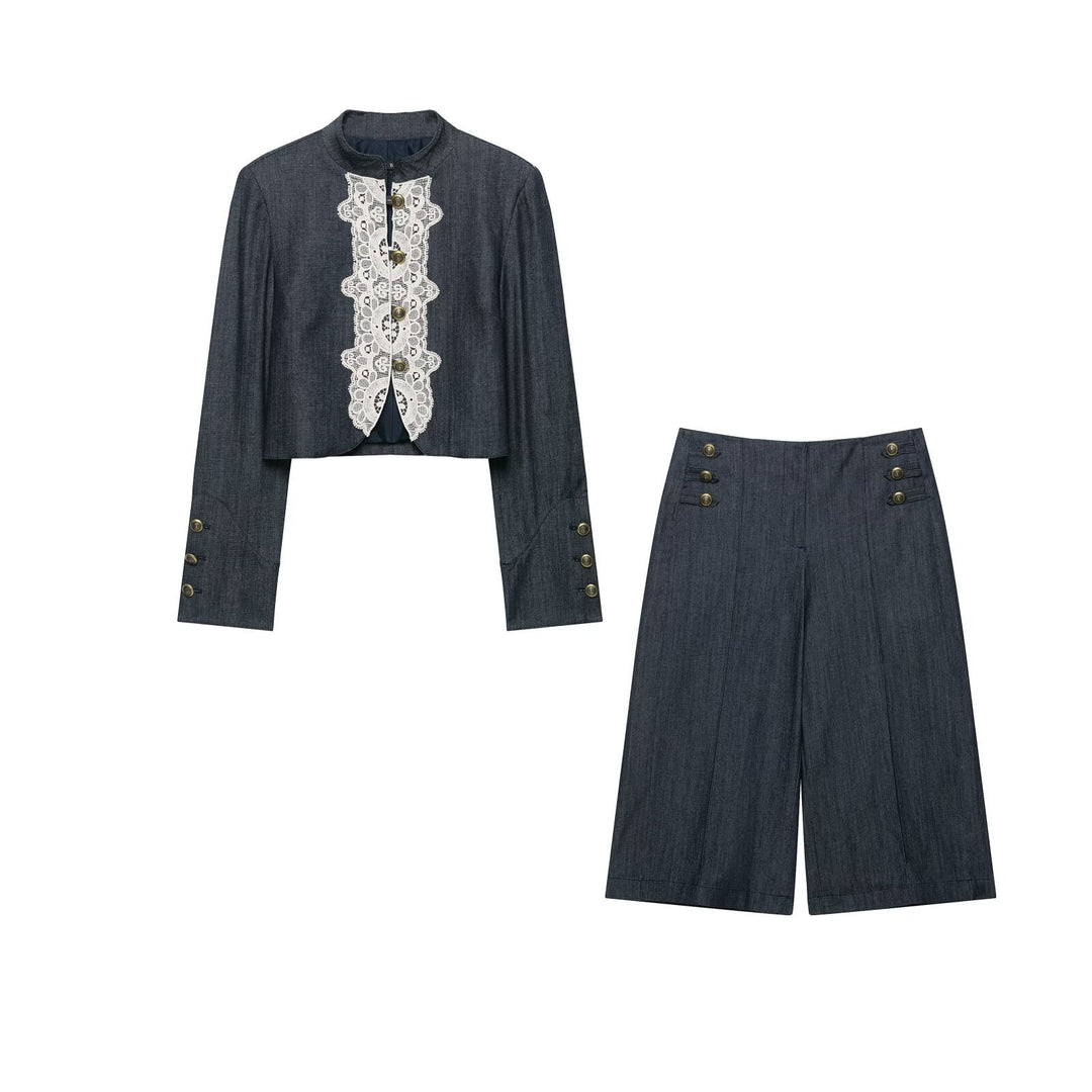 Damen Boleroartige Kurzjacke im Vintage-Denim‑Stil mit Spitzenpasse und Messingknöpfen Drune