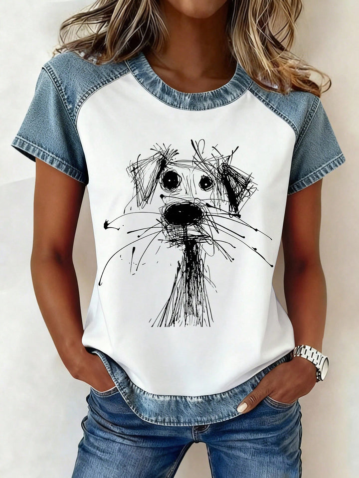 Damen Kurzarmshirt mit Jeans-Einsätzen und Teddy-Patchprint Drune