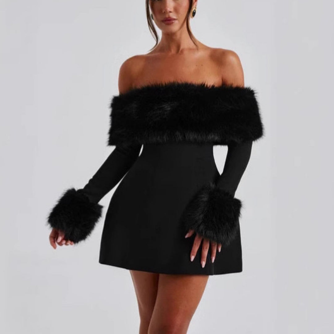 Damen Mini-Kleid mit elegantem schulterfreiem Design und luxuriösen Kunstfell-Akzenten Drune