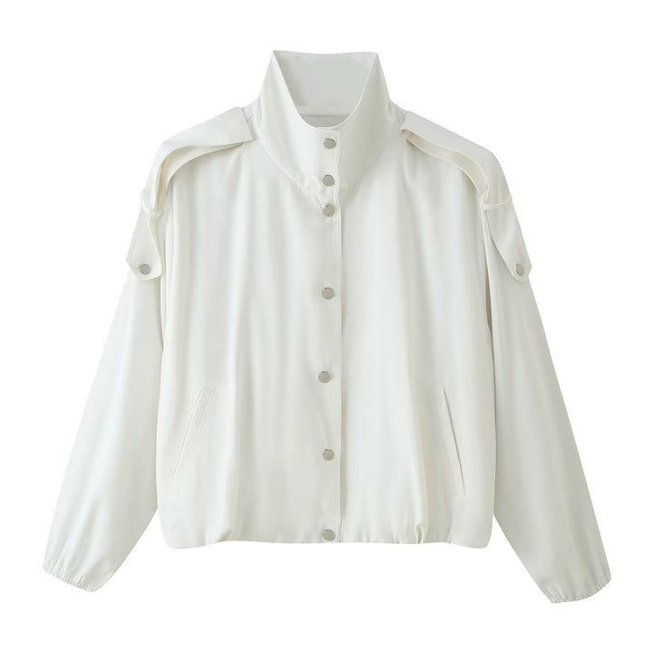 Damen Cropped Windbreaker‑Jacke mit hohem Funnelkragen, Druckknopffront und abnehmbaren Schulterklappen Drune