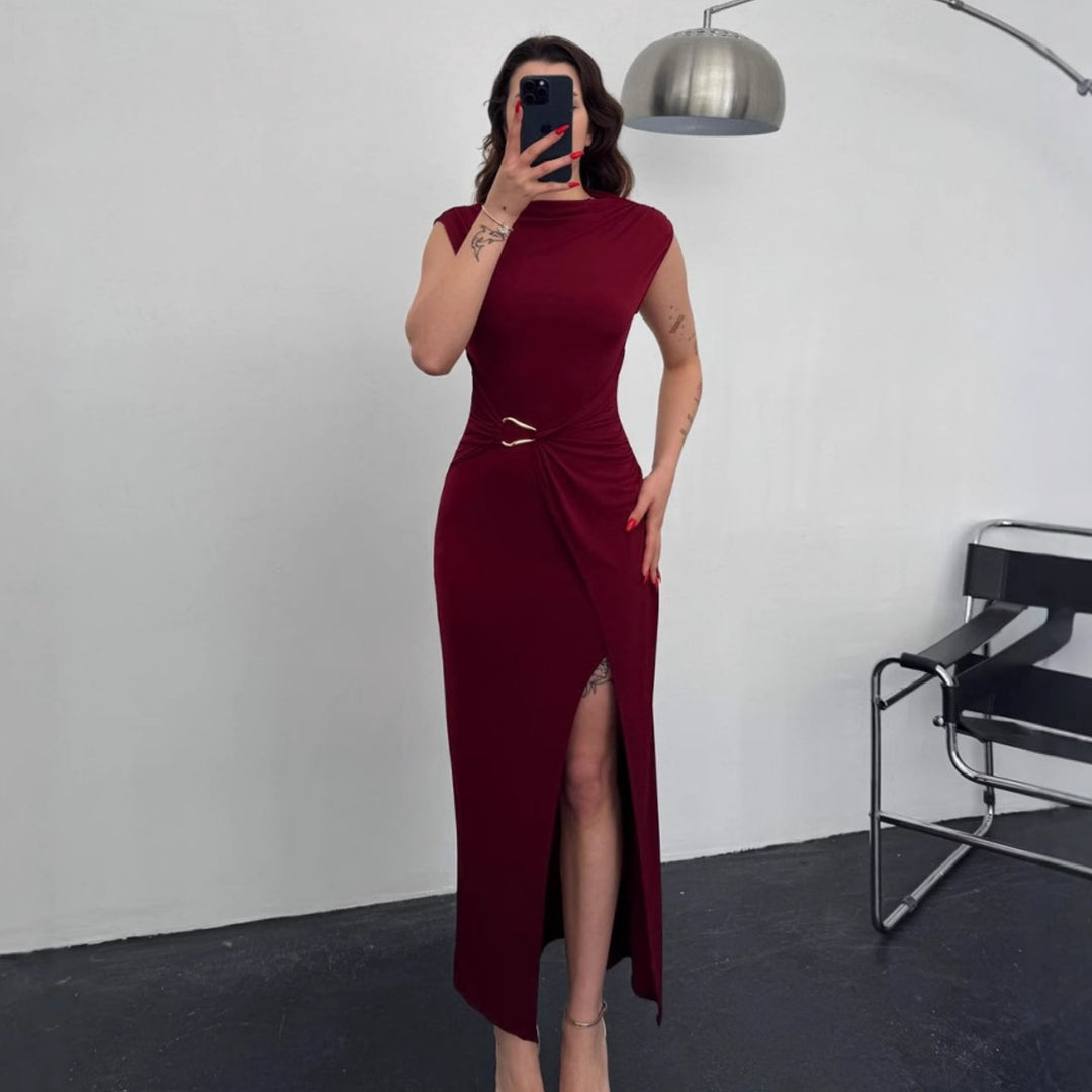 Damen Elegantes Wickelkleid mit seitlichem Schlitz und Gürtel Drune