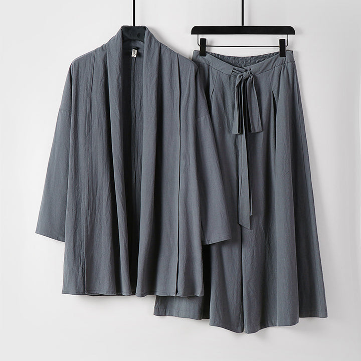 Damen Zweiteiliges Lounge-Set im Kimono-Stil mit offenem Schalkragen und weitem Palazzo-Hosenrock Drune