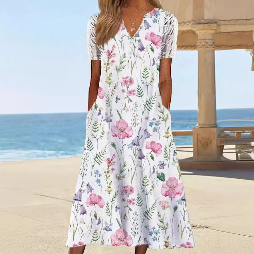 Damen Maxi-Kleid mit floralem Design und praktischem Knopfverschluss Drune