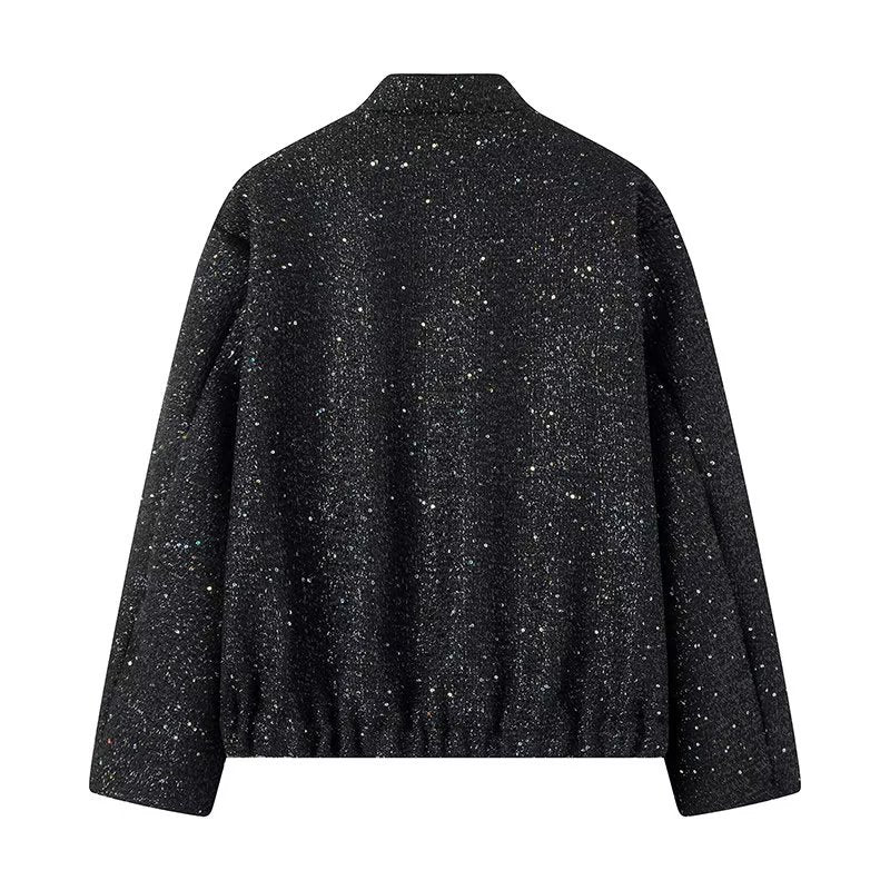 Damen nan glitzernde kurze Boxy-Jacke mit elastischem Saum und dezentem Stehkragen Drune