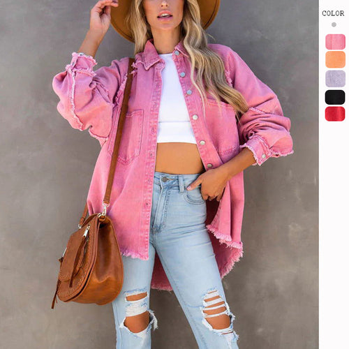 Damen lässige Overshirtjacke aus leichtem Denim mit fransigen Details Drune