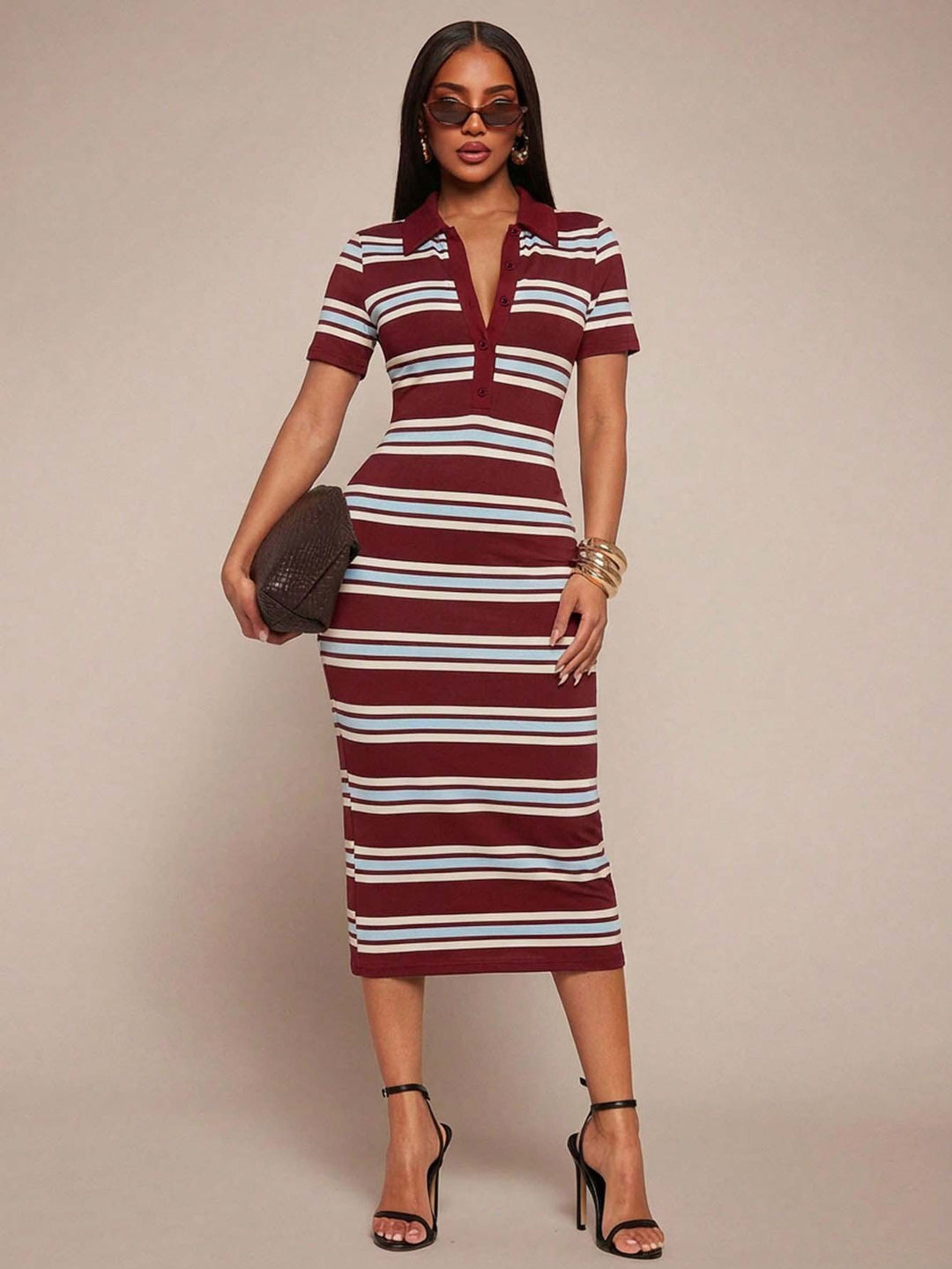 Damen Figurbetontes Polokleid im Streifen‑Look aus Rippstrick mit kurzem Ärmel Drune