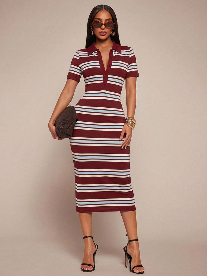 Damen Figurbetontes Polokleid im Streifen‑Look aus Rippstrick mit kurzem Ärmel Drune