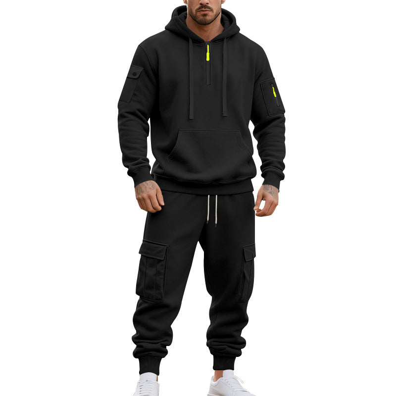 Herren nan zweiteiliges Utility-Freizeitset Hoodie mit halbhohem Reißverschluss, Ärmeltasche und Cargo-Jogginghose mit Klappentaschen Drune
