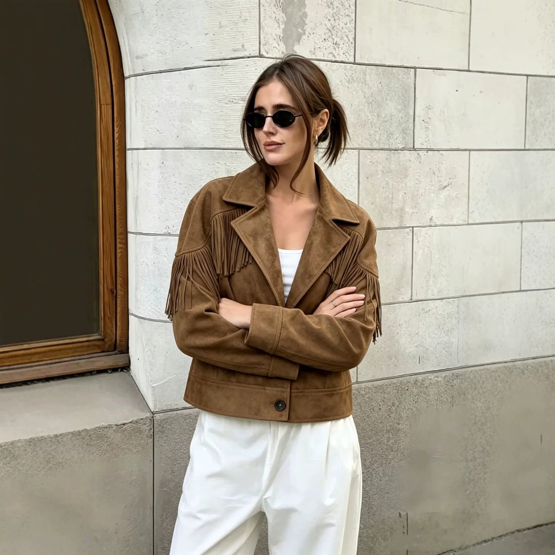 Damen Kurze Wildlederoptik-Fransenjacke im Cropped-Boxy-Schnitt Drune