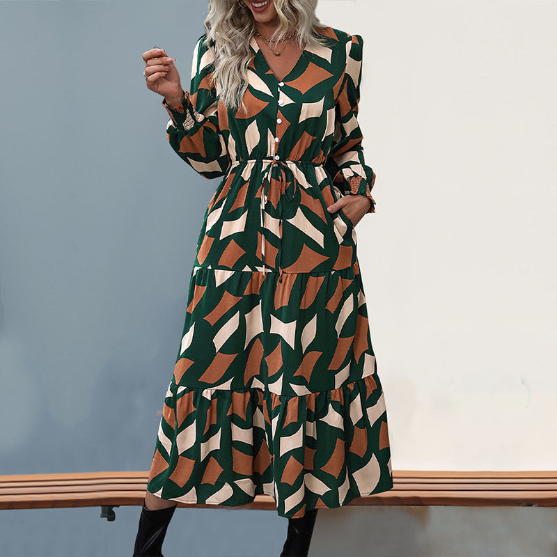 Damen Langes Maxikleid mit Volant und Knopfdetails Drune