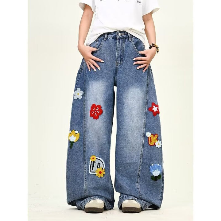 Damen Weitgeschnittene Blumen-Applikationen Jeans Drune