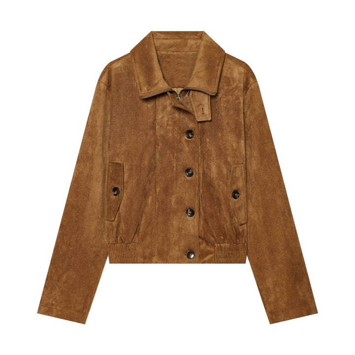 Damen Kurzjacke aus Veloursleder mit Blouson‑Silhouette, Stehkragen und Knopfleiste Drune