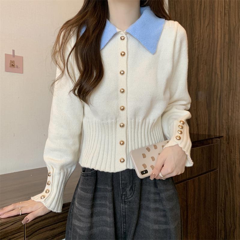 Damen Eleganter Strickpullover mit Kragen und Knopfdetails Drune
