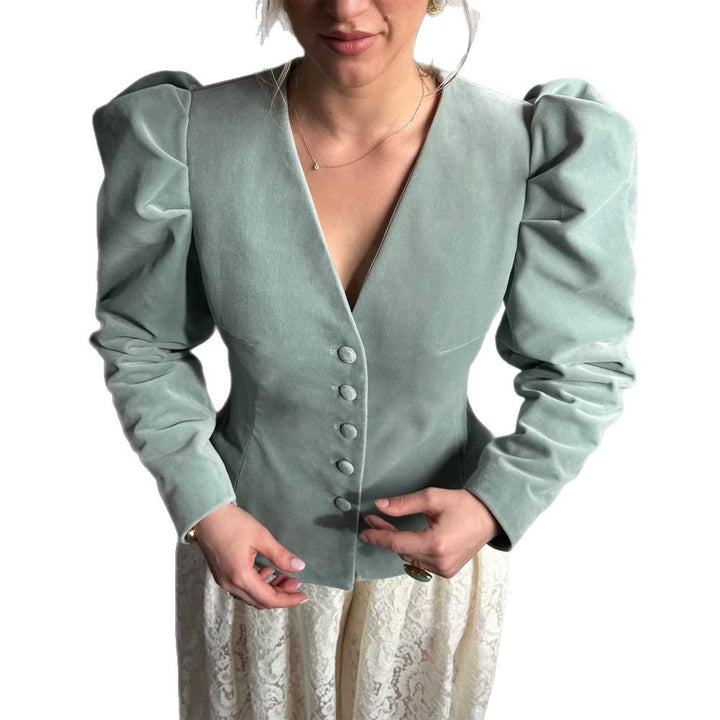 Damen Taillierter Samtblazer mit betonter Taille, V-Ausschnitt und voluminösen Puffärmeln Drune
