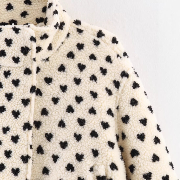 Damen Gefütterte Teddyjacke mit Herzchen-Allover, Stehkragen und Tunnelzug Drune