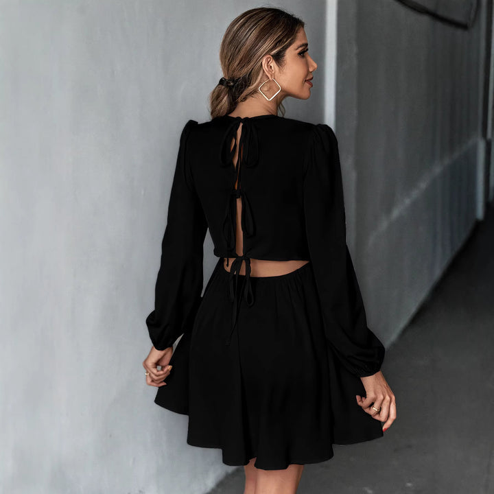 Damen schickes Cocktailkleid mit geraffter Taille, langen Ballonärmeln und rundem Ausschnitt Drune