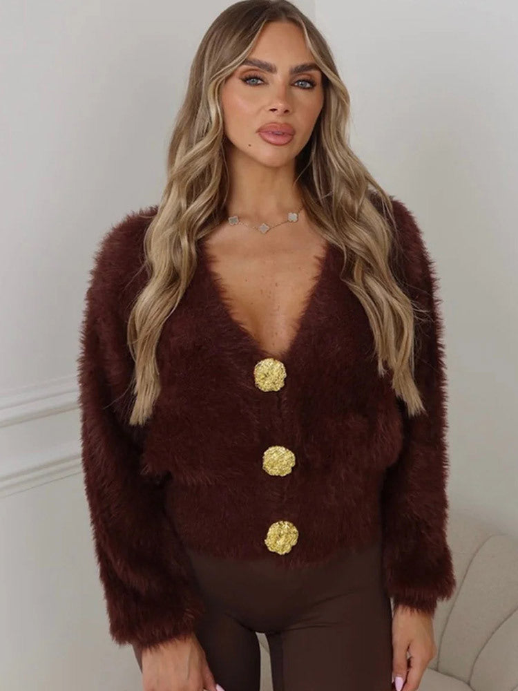 Damen Flauschige Kurzjacke mit V-Ausschnitt und metallischen Zierknöpfen Drune