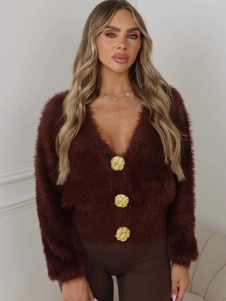 Damen Flauschige Kurzjacke mit V-Ausschnitt und metallischen Zierknöpfen Drune