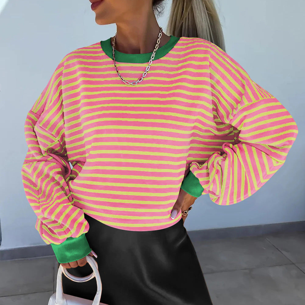 Damen lässiges gestreiftes Sweatshirt mit Boxy-Schnitt und kontrastierenden Abschlüssen Drune