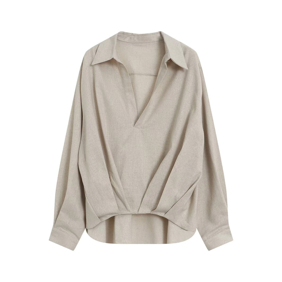 Damen Oversize Leinenoptik-Bluse mit tiefem V‑Ausschnitt, Hemdkragen und gerafftem Vorderteil Drune