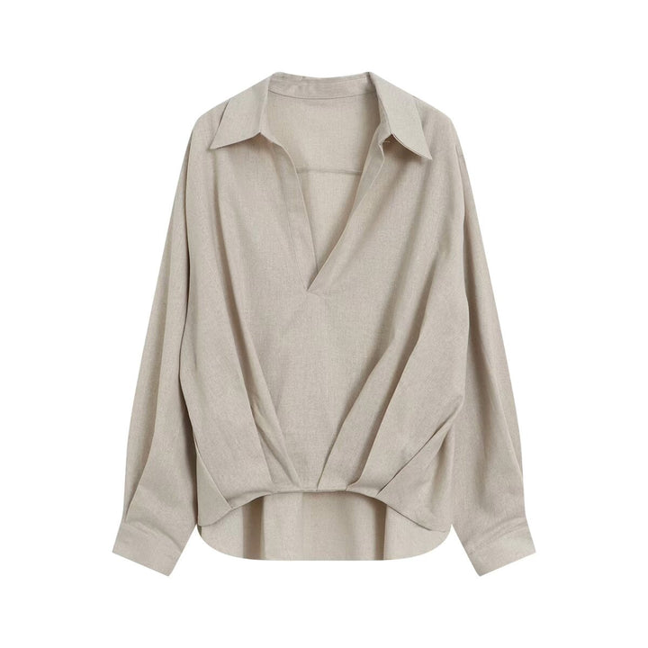 Damen Oversize Leinenoptik-Bluse mit tiefem V‑Ausschnitt, Hemdkragen und gerafftem Vorderteil Drune