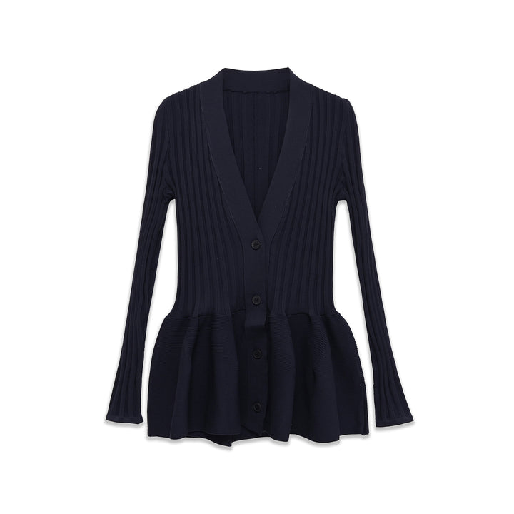 Damen nan gerippter Strickcardigan mit Schalkragen, tailliertem Volantsaum und Knopfleiste Drune