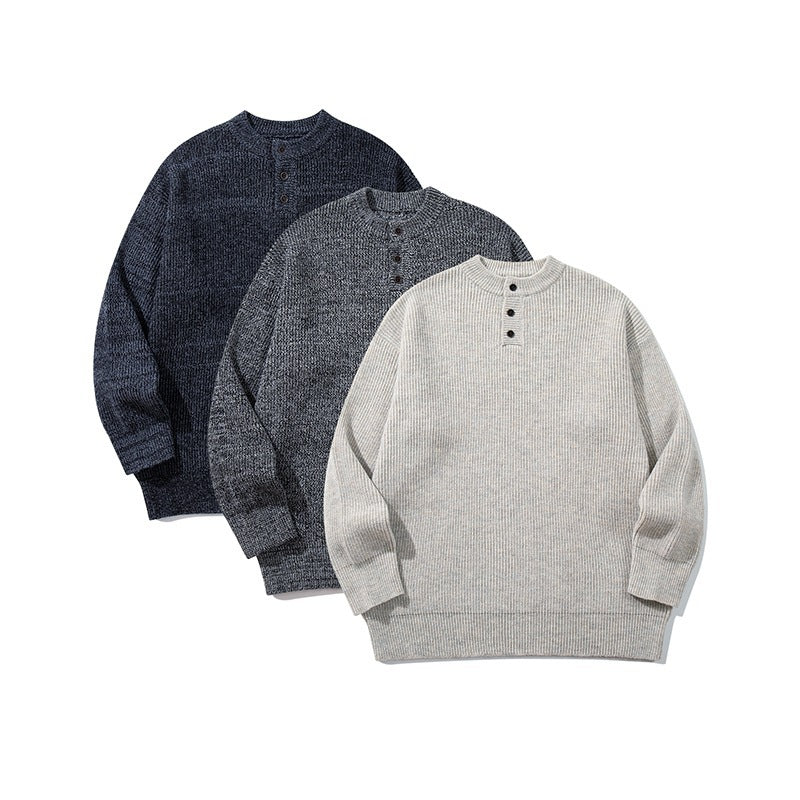 Unisex Oversize Grobstrick-Henley-Pullover mit melierter Struktur und Rippabschlüssen Drune