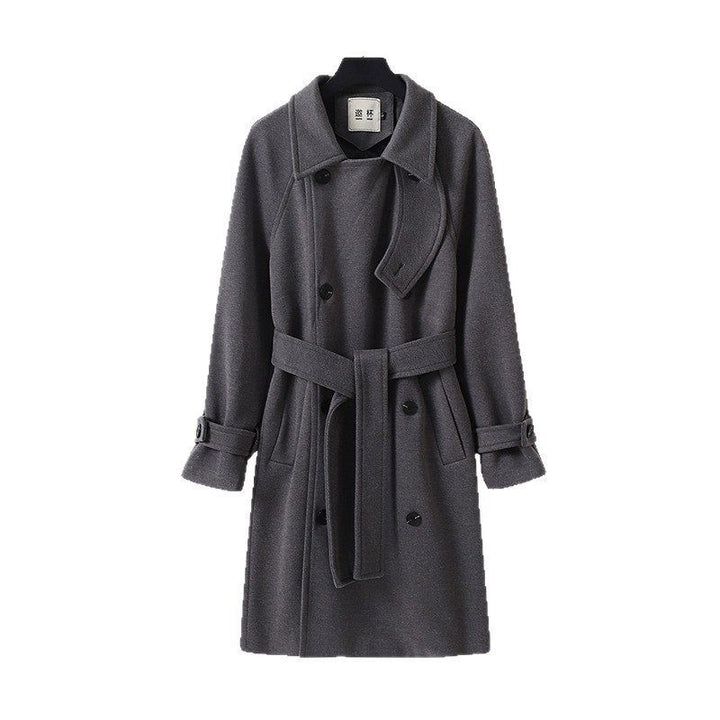 Herren Dramatisch geschnittener Doppelreihiger Wollmix-Longcoat mit Kragenlaschen und Bindegürtel Drune