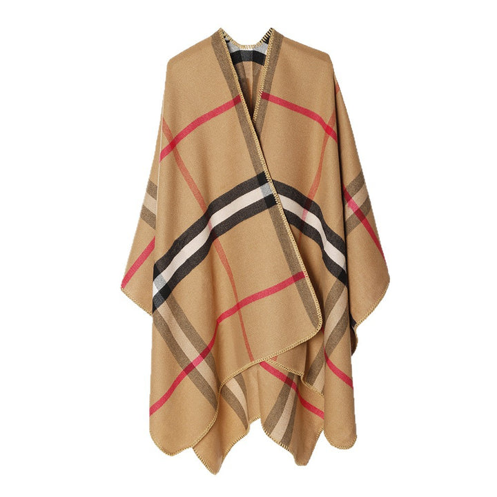 Damen Karierter Wollmix‑Poncho im Oversize‑Cape‑Schnitt mit Zierstichkante Drune