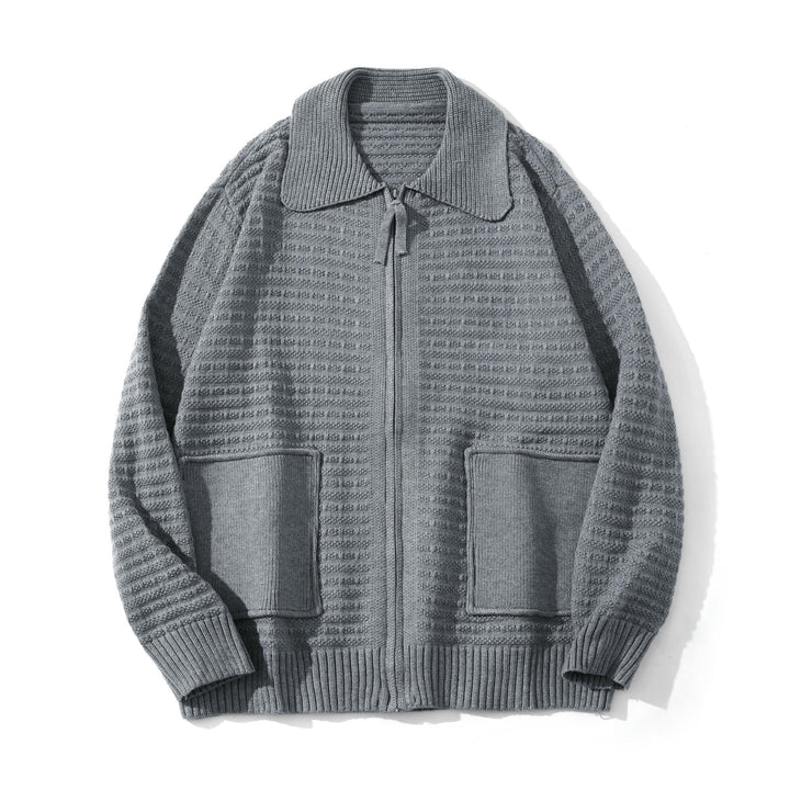 Unisex Strukturiertes Zip-Strickcardigan mit großem Reverskragen Drune