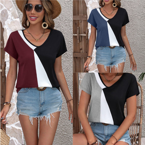 Damen Trendiges V-Ausschnitt-T-Shirt mit modernem Blockdesign und lässigem Schnitt Drune