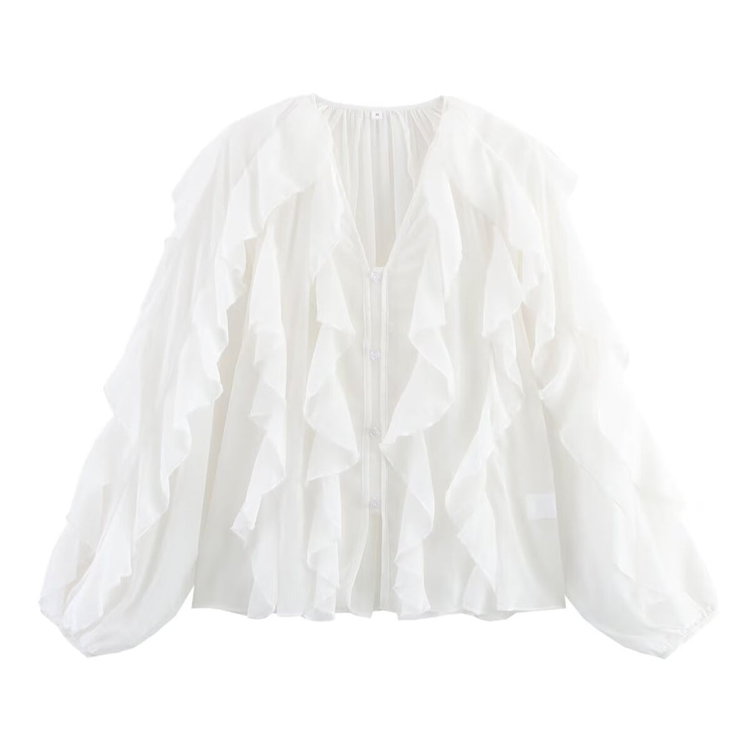 Damen Volant-Chiffonbluse mit V‑Ausschnitt, Knopfleiste und Ballonärmeln Drune