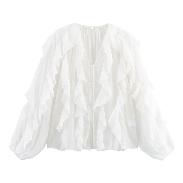 Damen Volant-Chiffonbluse mit V‑Ausschnitt, Knopfleiste und Ballonärmeln Drune