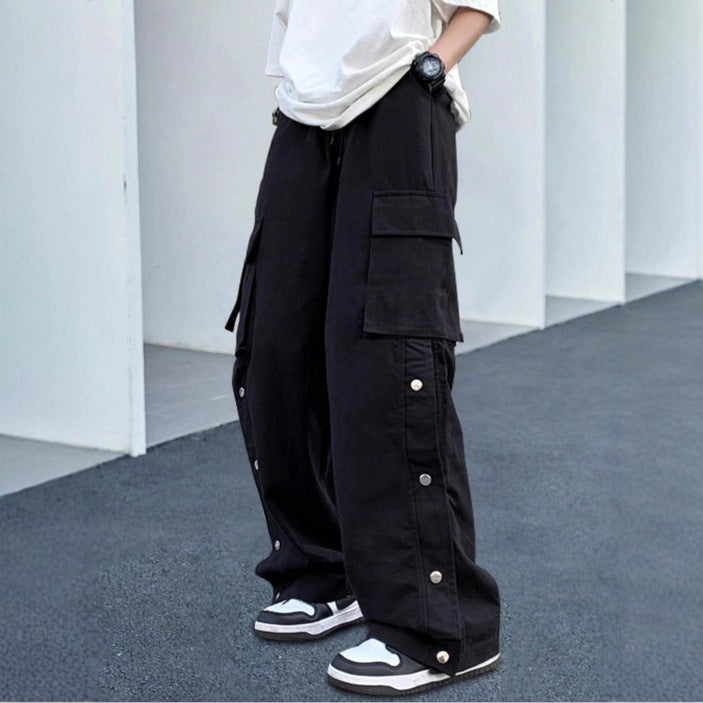Unisex Oversize-Cargo-Jeanshose mit breiten Beinen, Klappentaschen und Druckknopf-Leiste Drune