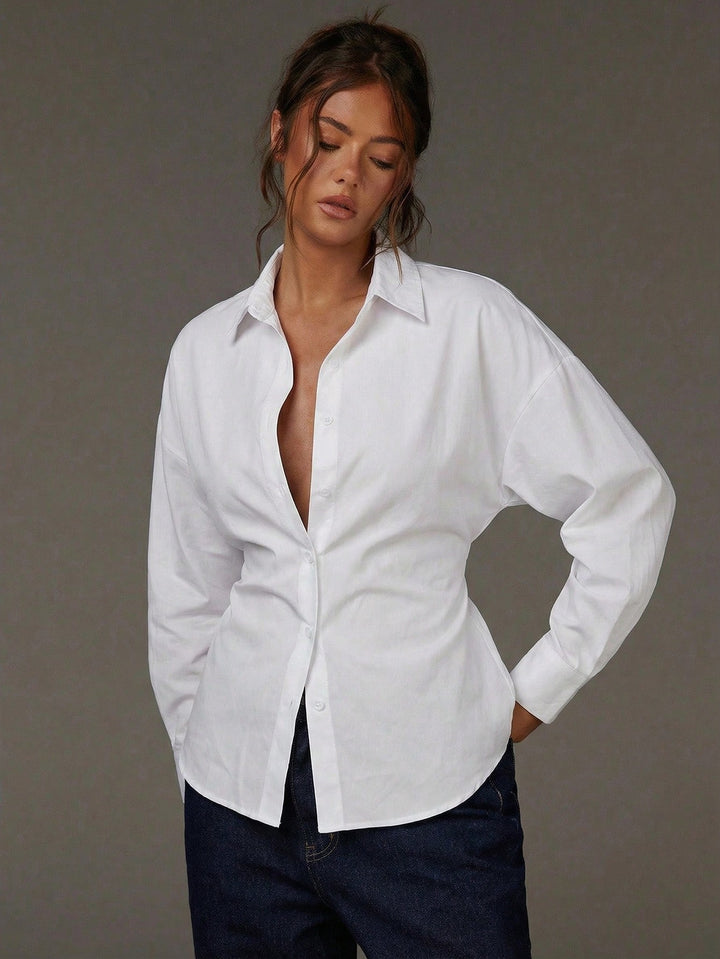 Damen Oversize Hemdbluse mit Nadelstreifen, überschnittener Schulter und taillierter Raffnaht Drune