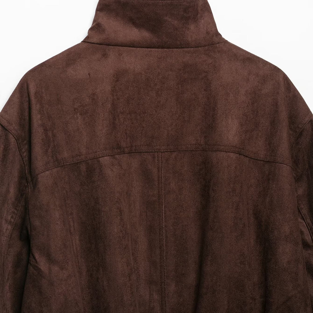 Damen Velourslederoptik Bomberjacke mit Funnelkragen und elastischem Saum Drune