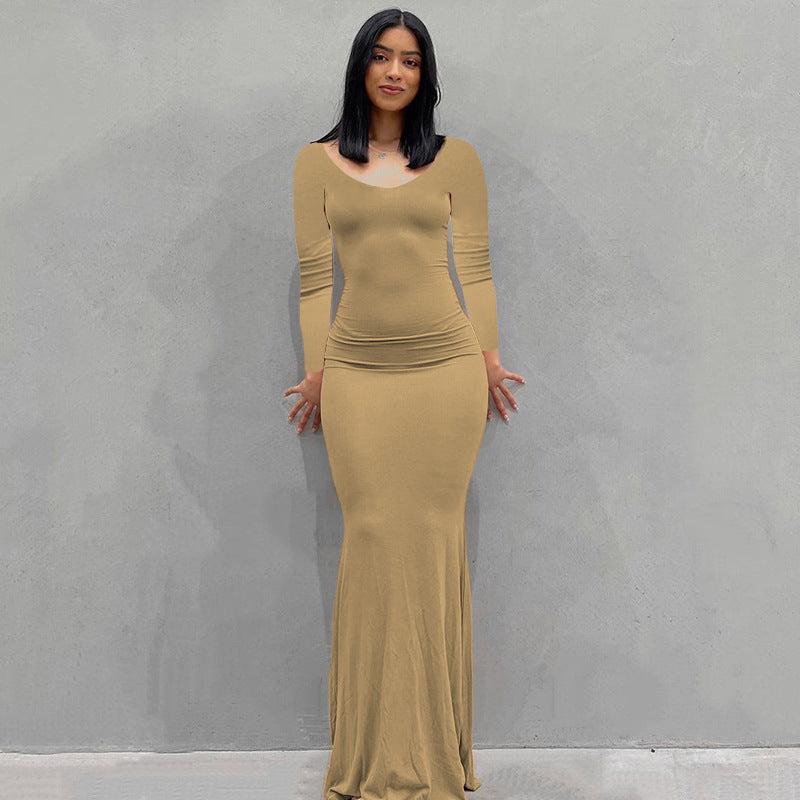 Damen Körperbetontes Maxi‑Jerseykleid mit taillierter Drapierung, langen Ärmeln und ausgestelltem Saum Drune