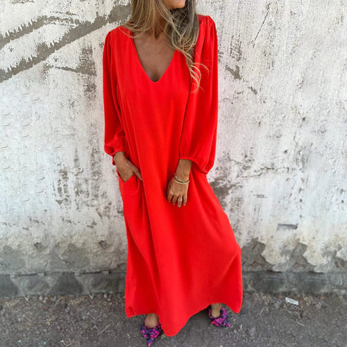 Damen Elegantes Midi-Kleid mit V-Ausschnitt und Puffärmeln Drune