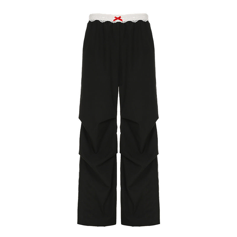 Damen Lässige Lagenhose mit Spitzenbund und Zierschleife Drune