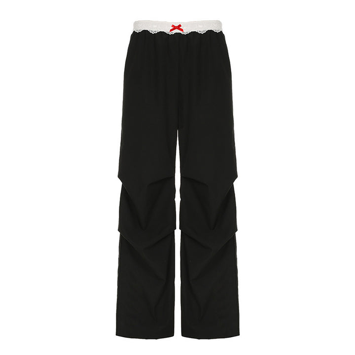 Damen Lässige Lagenhose mit Spitzenbund und Zierschleife Drune